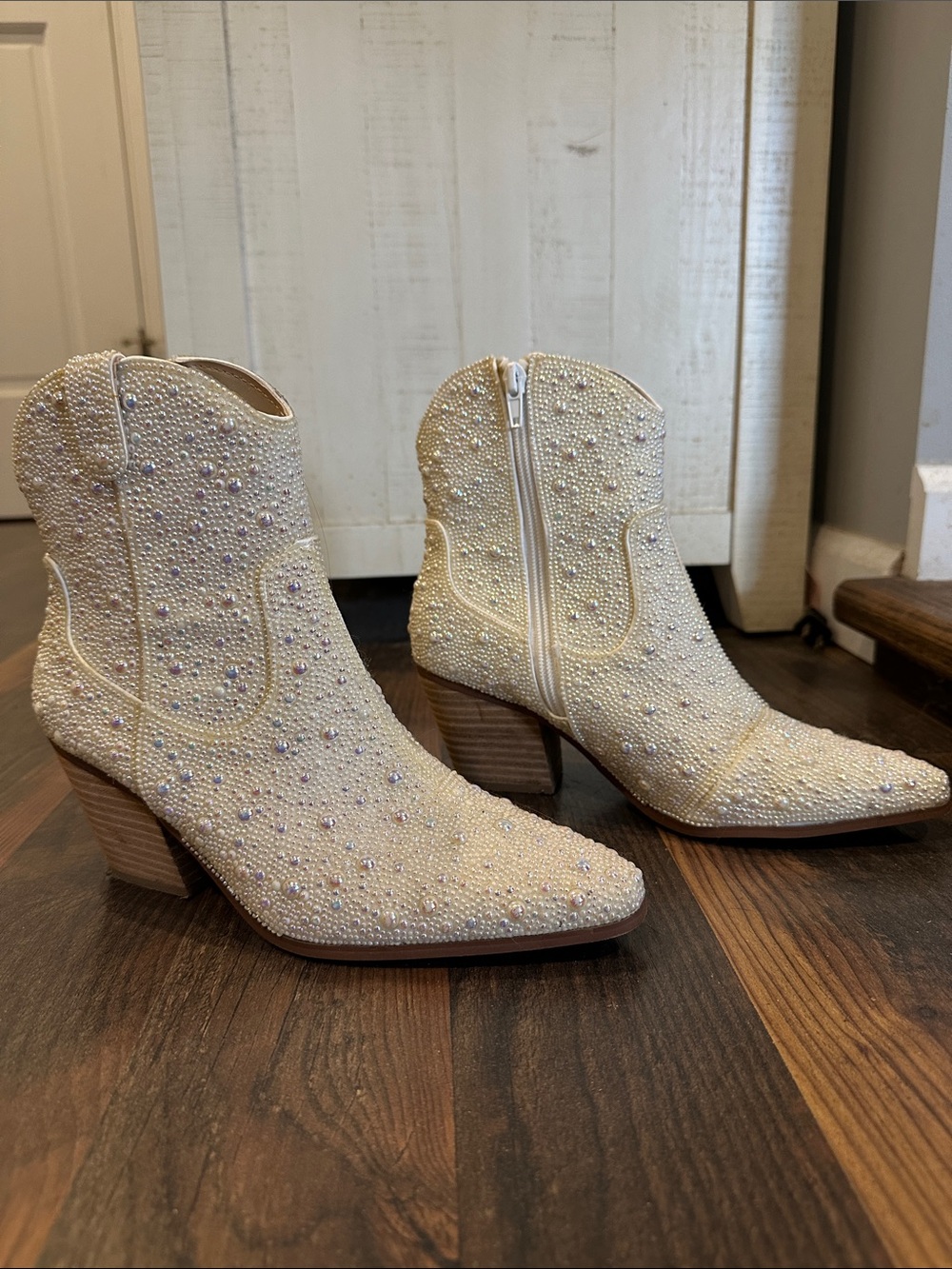 Betsey Johnson Ivory Beaded Western Ankle Boots